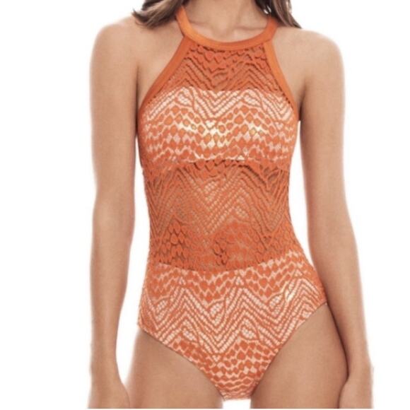 Cosita Linda Beachwear one piece swimsuit in terracotta and gold Crotchet Lace L - Picture 2 of 8